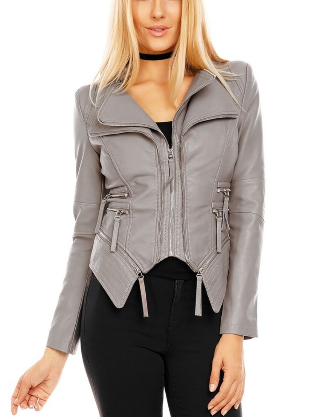 Norma Kamali Gray Asymmetrical Faux Leather Moto Jacket